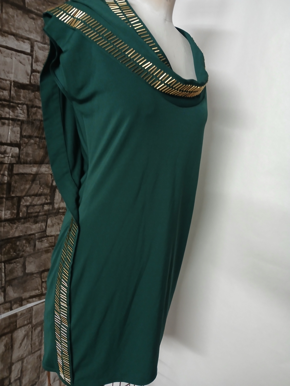 Moda International Emerald Green Cowl Neck Mini Dress with Gold Accents - Picture 8 of 9
